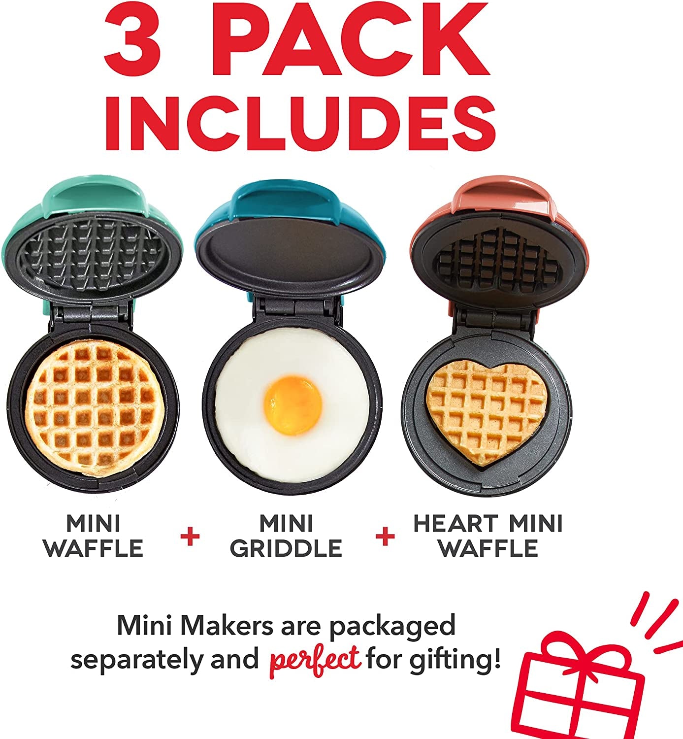 Mini Maker Set - Customized Treat Maker - Supports Multi-Function Cooking - Easy Cleanup and User-Friendly Design - Coral, Mint & Teal - Waffle, Griddle & Heart Shaped Waffle Irons