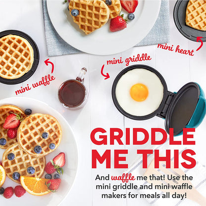 Mini Maker Set - Customized Treat Maker - Supports Multi-Function Cooking - Easy Cleanup and User-Friendly Design - Coral, Mint & Teal - Waffle, Griddle & Heart Shaped Waffle Irons